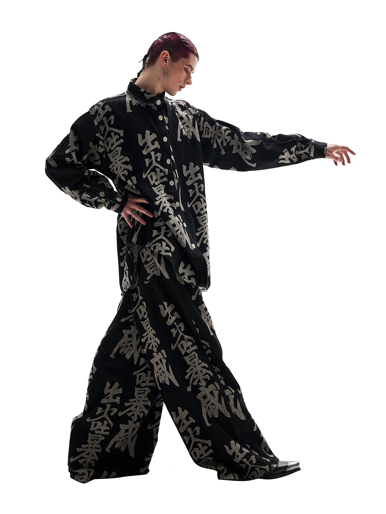 ERISSTOFF Washed Full-Print Oversized Denim Shirt-Shirt-S-Free Shipping Leatheretro
