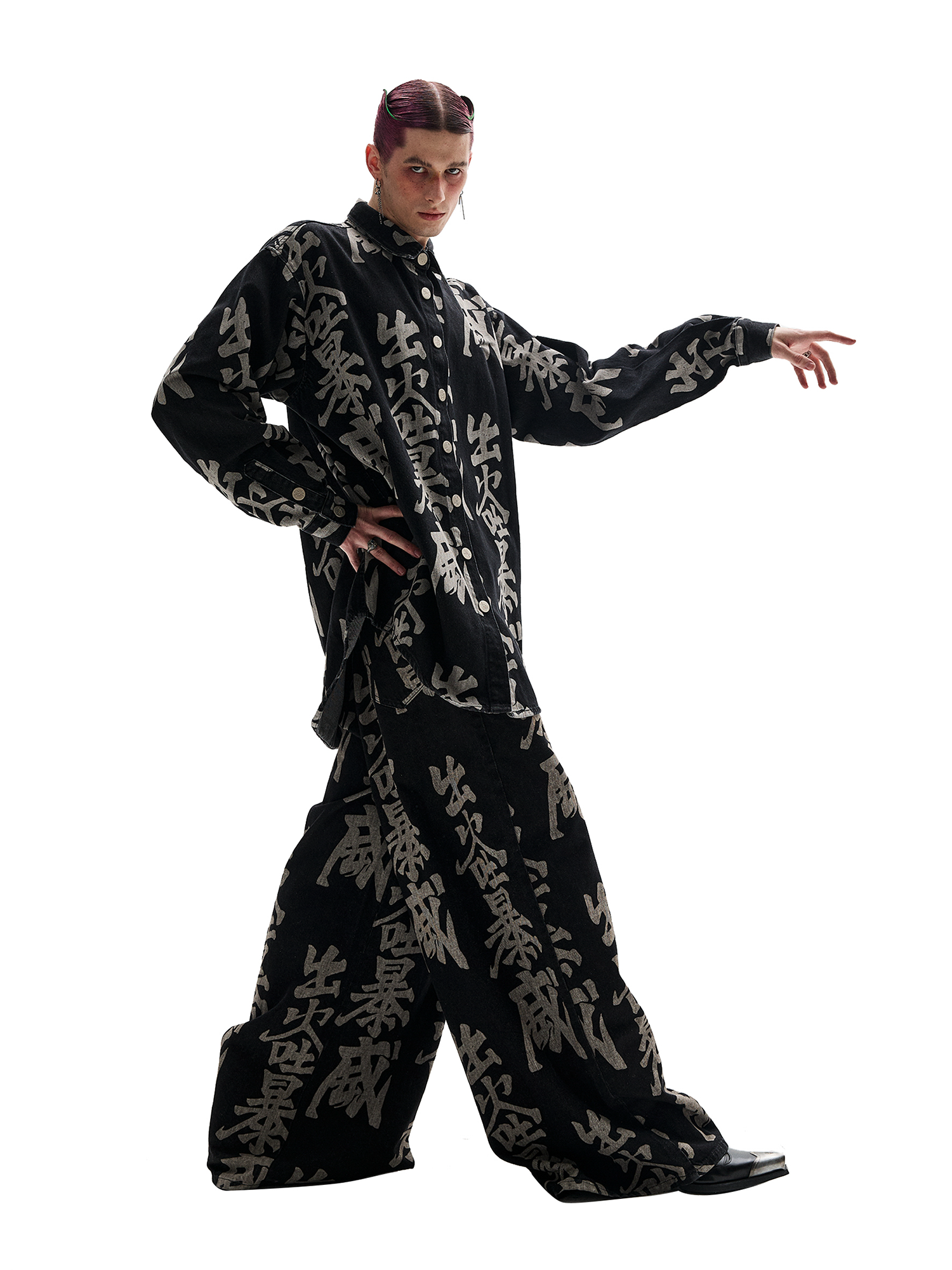 ERISSTOFF Washed Full-Print Oversized Denim Shirt-Shirt-S-Free Shipping Leatheretro