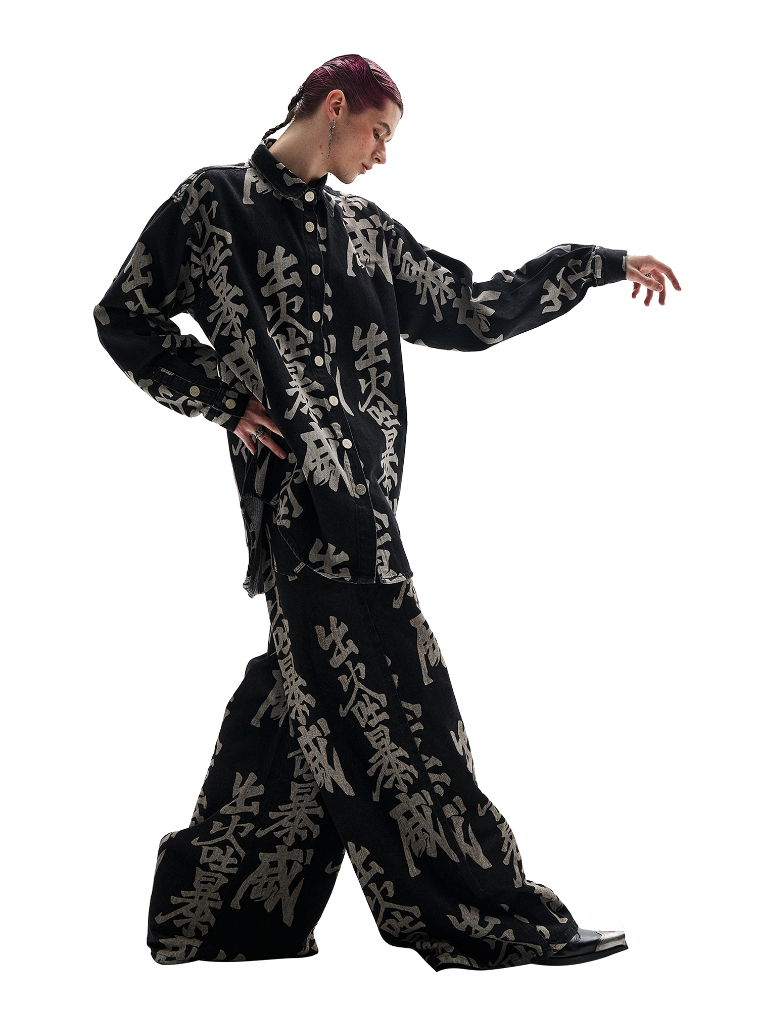 ERISSTOFF Washed Full-Print Oversized Denim Shirt-Shirt-S-Free Shipping Leatheretro