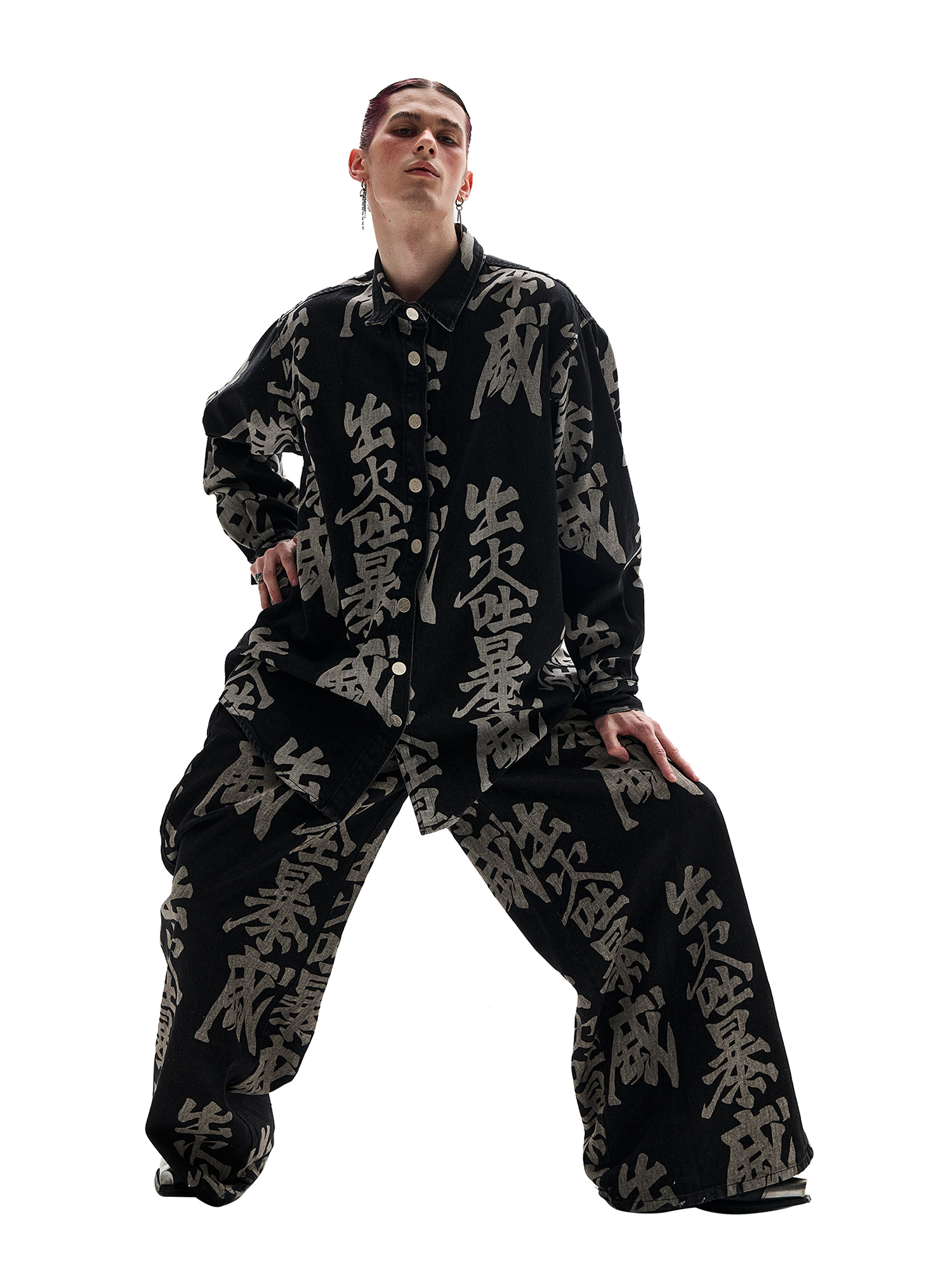 ERISSTOFF Washed Full-Print Oversized Denim Shirt-Shirt-S-Free Shipping Leatheretro