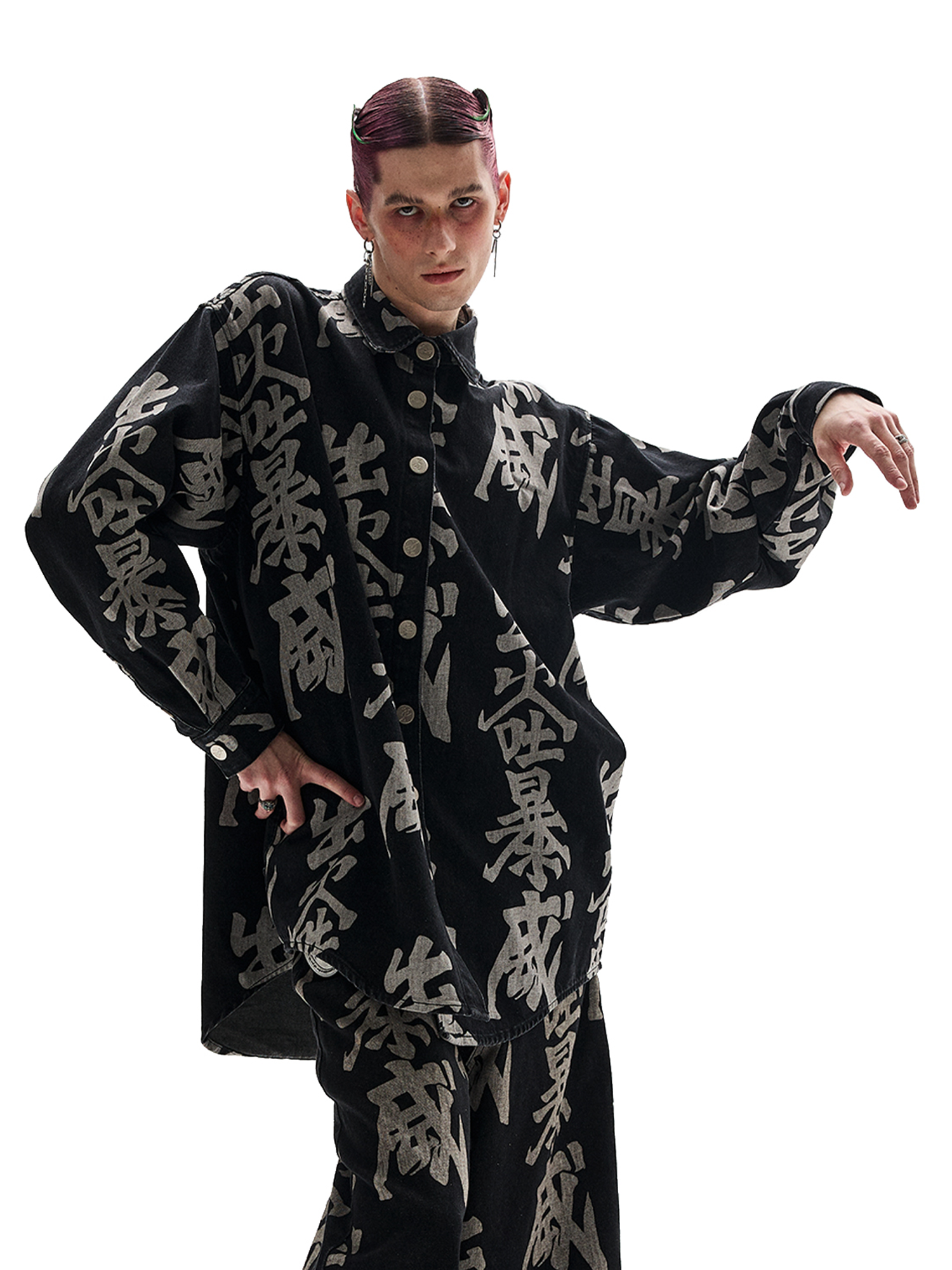 ERISSTOFF Washed Full-Print Oversized Denim Shirt-Shirt-S-Free Shipping Leatheretro