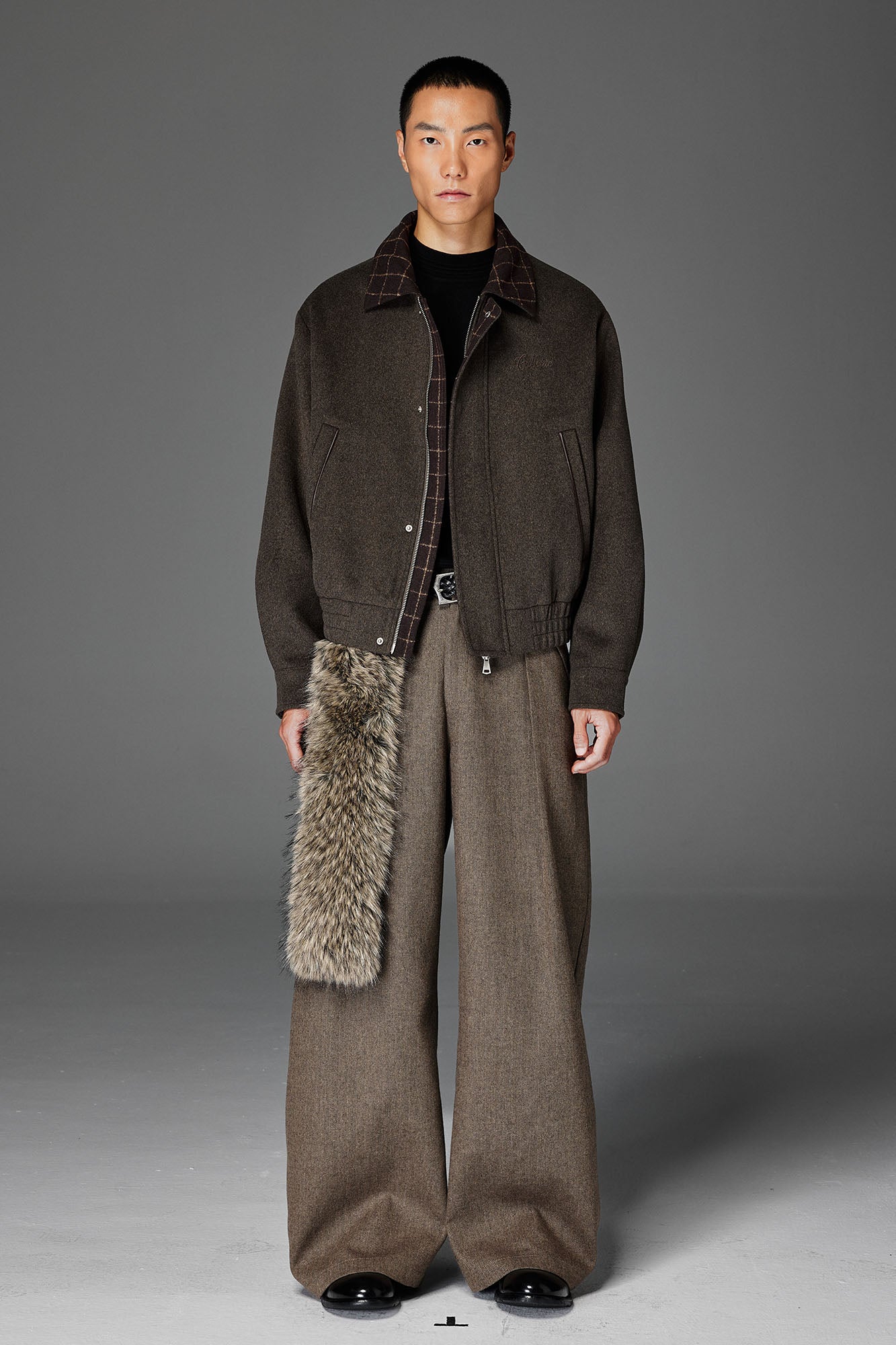 CATSSTAC Wool-Blend Plaid-Collar Bomber Jacket-Jacket-M-Gray-Free Shipping Leatheretro