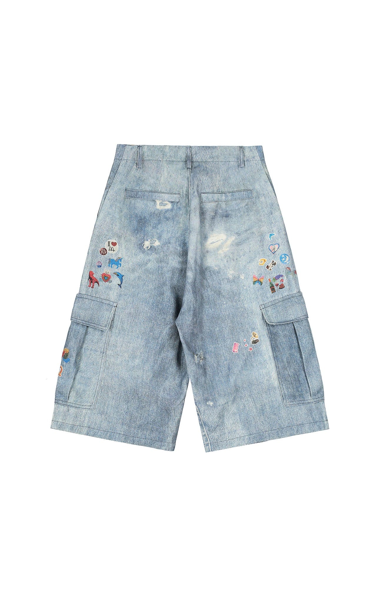 CLP Whimsical Distressed Stickers Cargo Denim Shorts-Shorts-S-Free Shipping Leatheretro