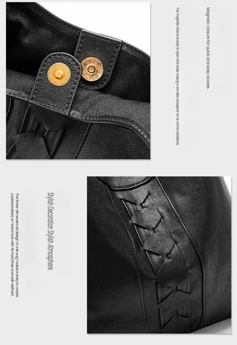 Luxury Genuine Vegetable-Tanned Leather Tote Bag-Black-Free Shipping Leatheretro