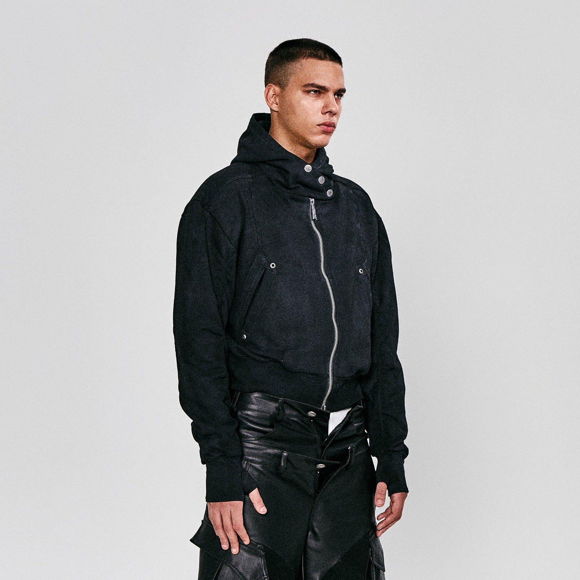 FLYERRER Grommet Spliced Zip-Up Cropped Hoodie-Jacket-S-Free Shipping Leatheretro