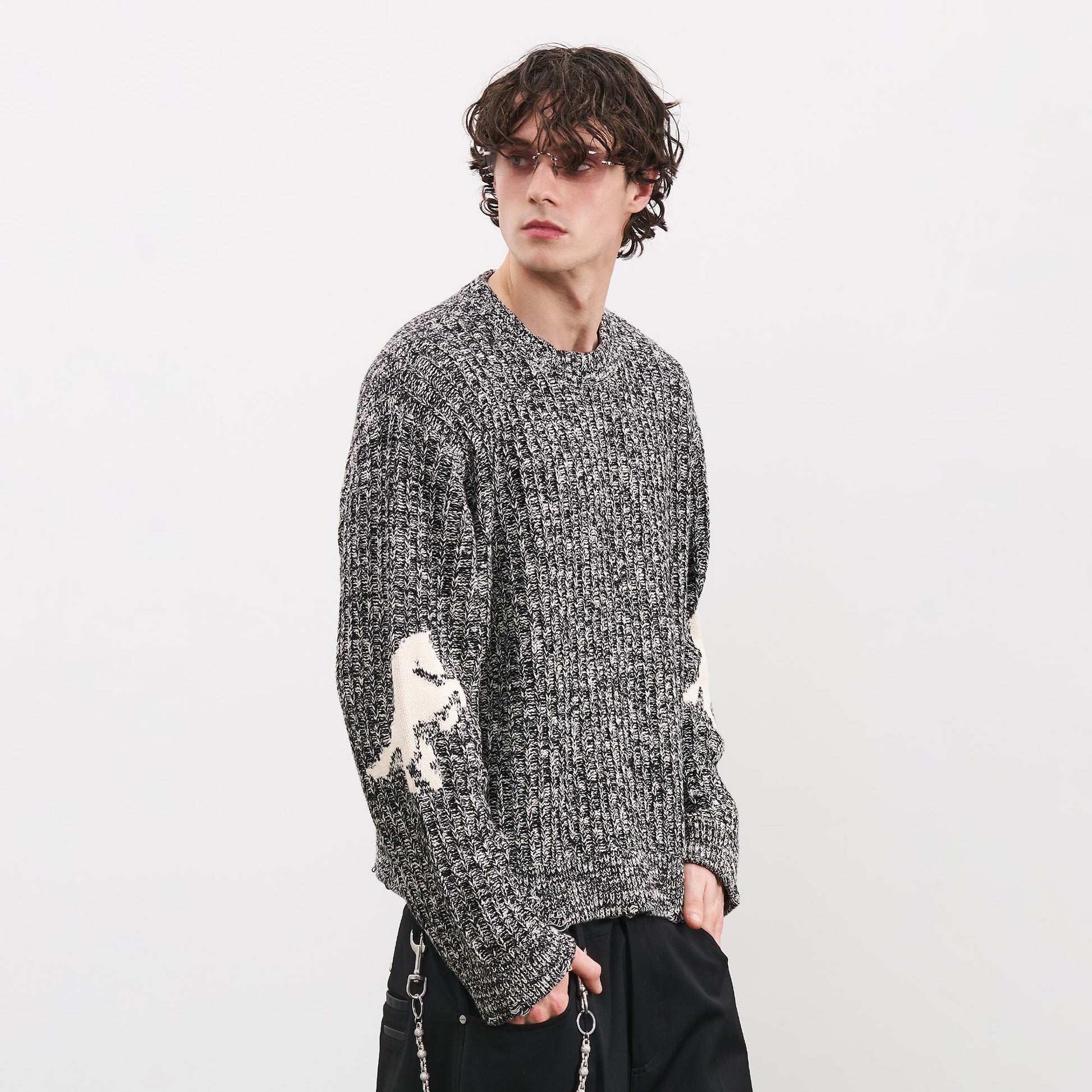 PMW Horse Elbow Patched Cable-Knit Sweater-Sweater-S-Free Shipping Leatheretro