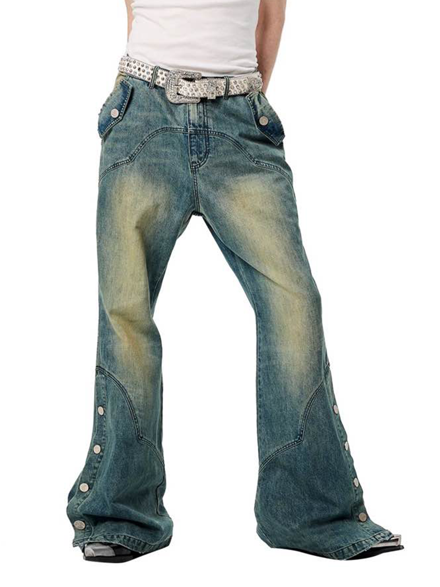 ERISSTOFF Washed Detachable Flared Jeans Blue-Jeans-S / 30"-Free Shipping Leatheretro