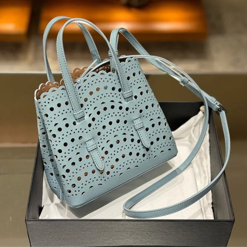 French Handmade Cowhide Leather Tote Bag - Vegetable Basket Versatile Handbag-Shopper Bag-Denim Blue-Width 18 cm * Height 16 cm * Depth 8.5 cm-Free Shipping Leatheretro