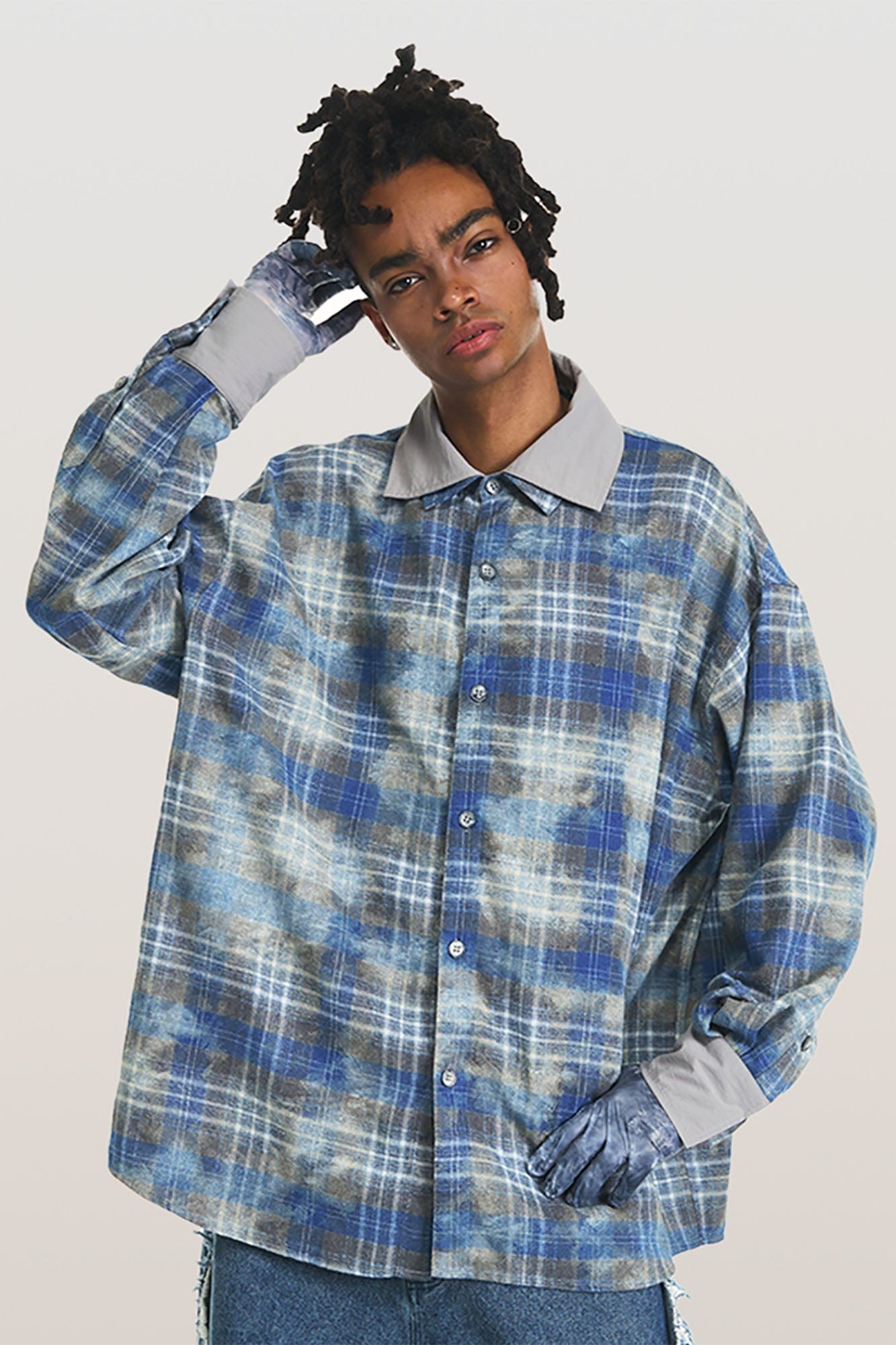 RELABEL Washed Plaid Tie-Dye Contrast-Collar Shirt-Shirt-S-Free Shipping Leatheretro