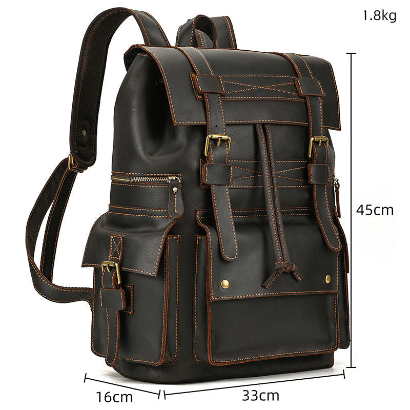 Retro Crazy Horse Leather Backpack – Large Capacity 16-Inch Cowhide Laptop & Travel Bag with Multi-Flap Pockets-Backpacks-Dark Brown-Free Shipping Leatheretro