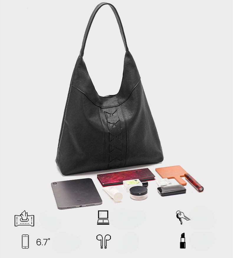 Luxury Genuine Vegetable-Tanned Leather Tote Bag-Black-Free Shipping Leatheretro