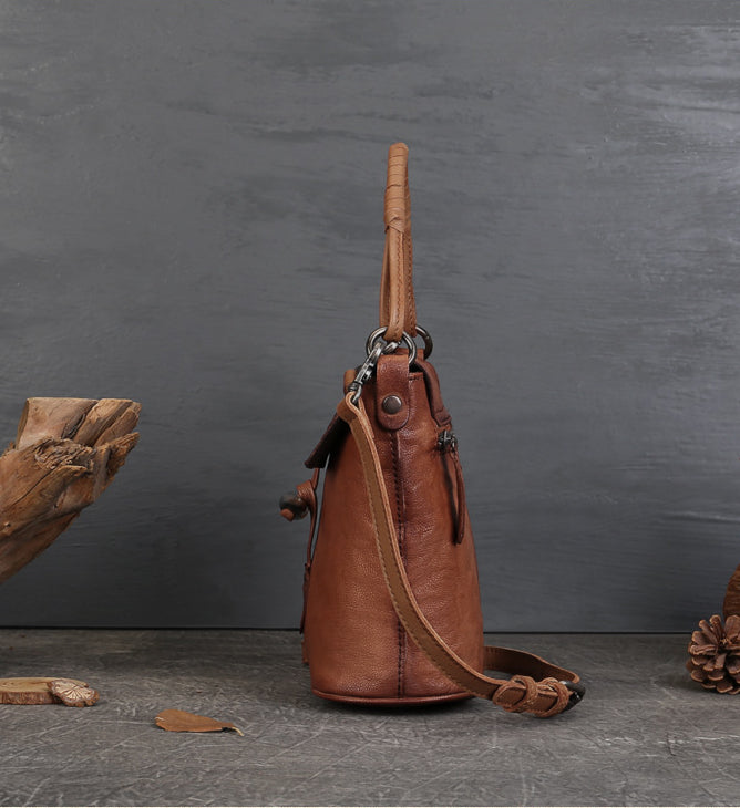 Vintage Bucket Bag – Full-Grain Leather Mix-and-Match Crossbody Tote Bags-crossbody bags-Black-Free Shipping Leatheretro