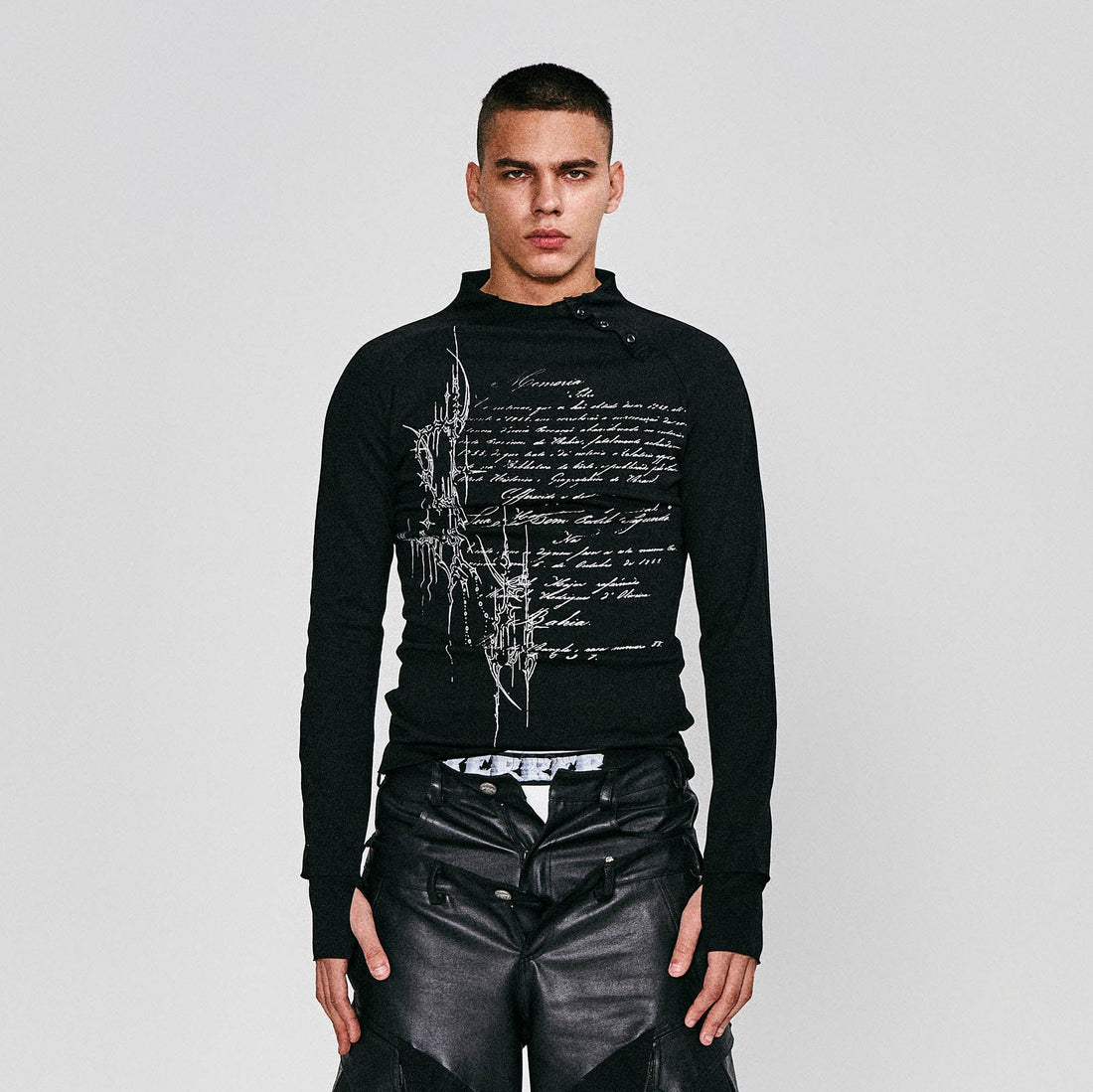 FLYERRER Gothic Script Graphic Asymmetrical Button Long-Sleeve Tee-L/S Tee-S-Free Shipping Leatheretro