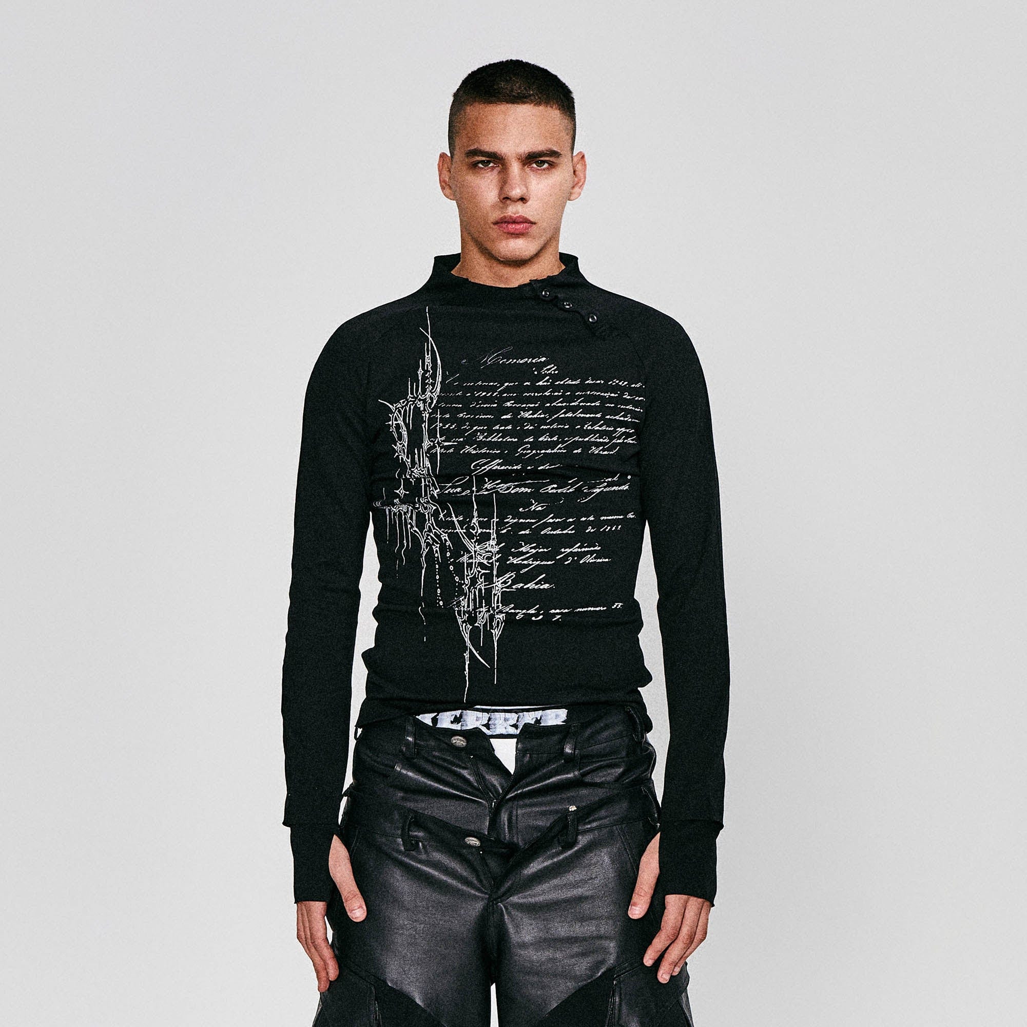 FLYERRER Gothic Script Graphic Asymmetrical Button Long-Sleeve Tee-L/S Tee-S-Free Shipping Leatheretro