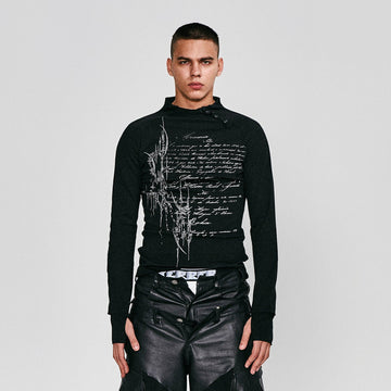 FLYERRER Gothic Script Graphic Asymmetrical Button Long-Sleeve Tee-L/S Tee-S-Free Shipping Leatheretro