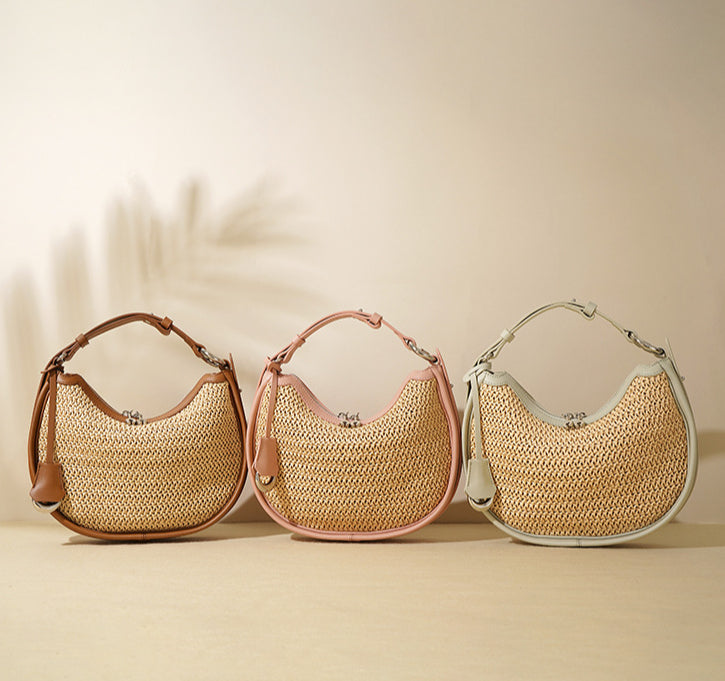 Woven Genuine Leather Crescent Bag-Handbags-White-Free Shipping Leatheretro