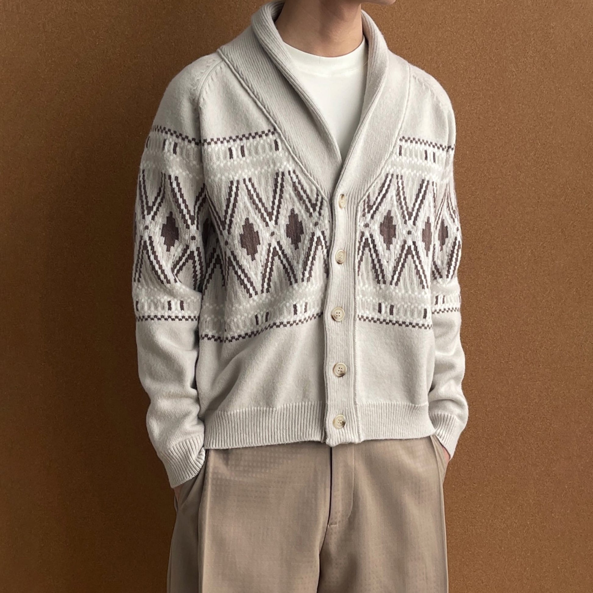 OKAYTHXBYE Fair Isle Shawl Collar Cardigan-Jacket-S (Preorder)-Beige-Free Shipping Leatheretro