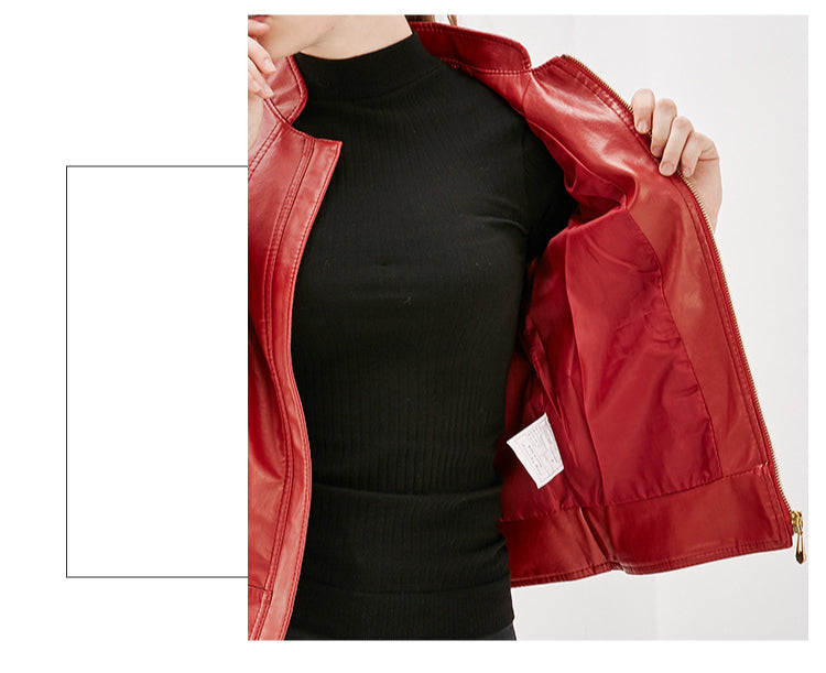 Women's Spring Casual Short-Length Plus Size PU Leather Jacket-Red-3XL 55-60kg-Free Shipping Leatheretro