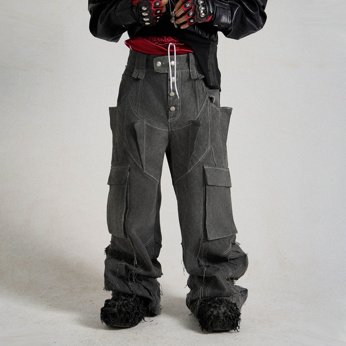 FLYERRER Deconstructed Multi-Pocket Frayed Cargo Pants-Pants-S-Free Shipping Leatheretro