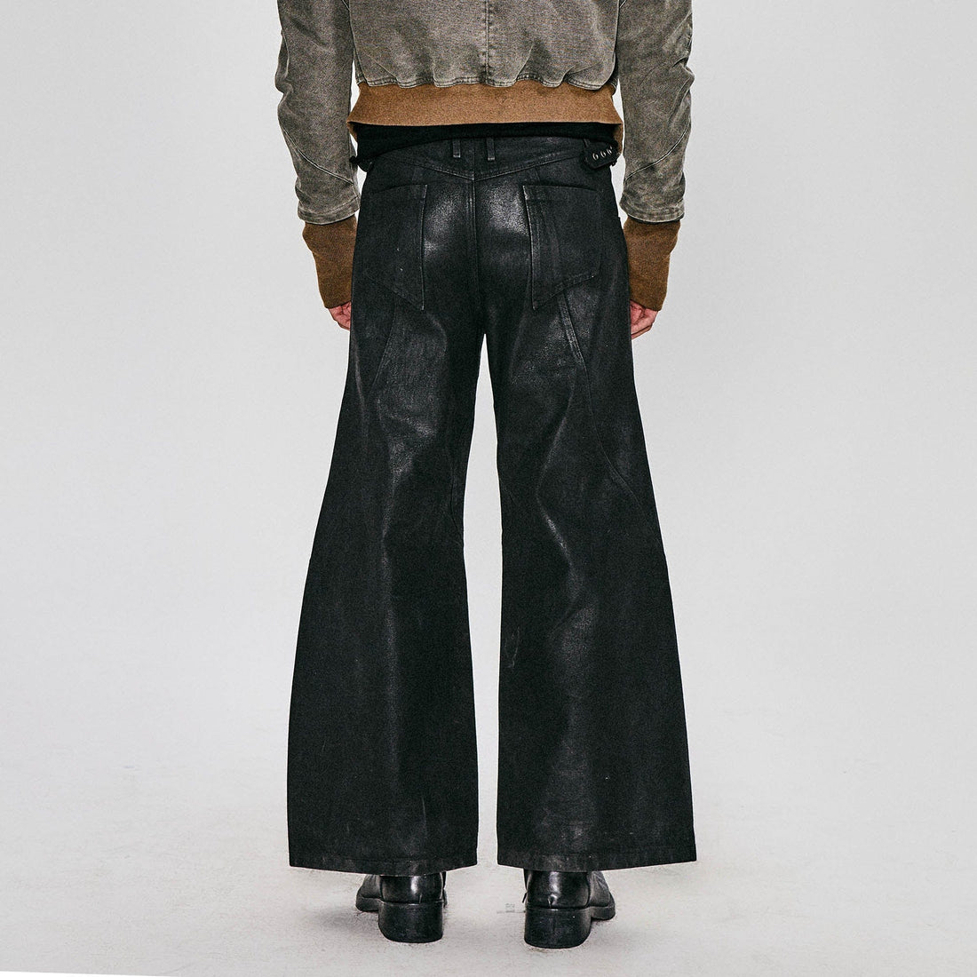 FLYERRER Waxed Deconstructed-Knee Zip-Hem Flared Pants-Pants-S-Free Shipping Leatheretro