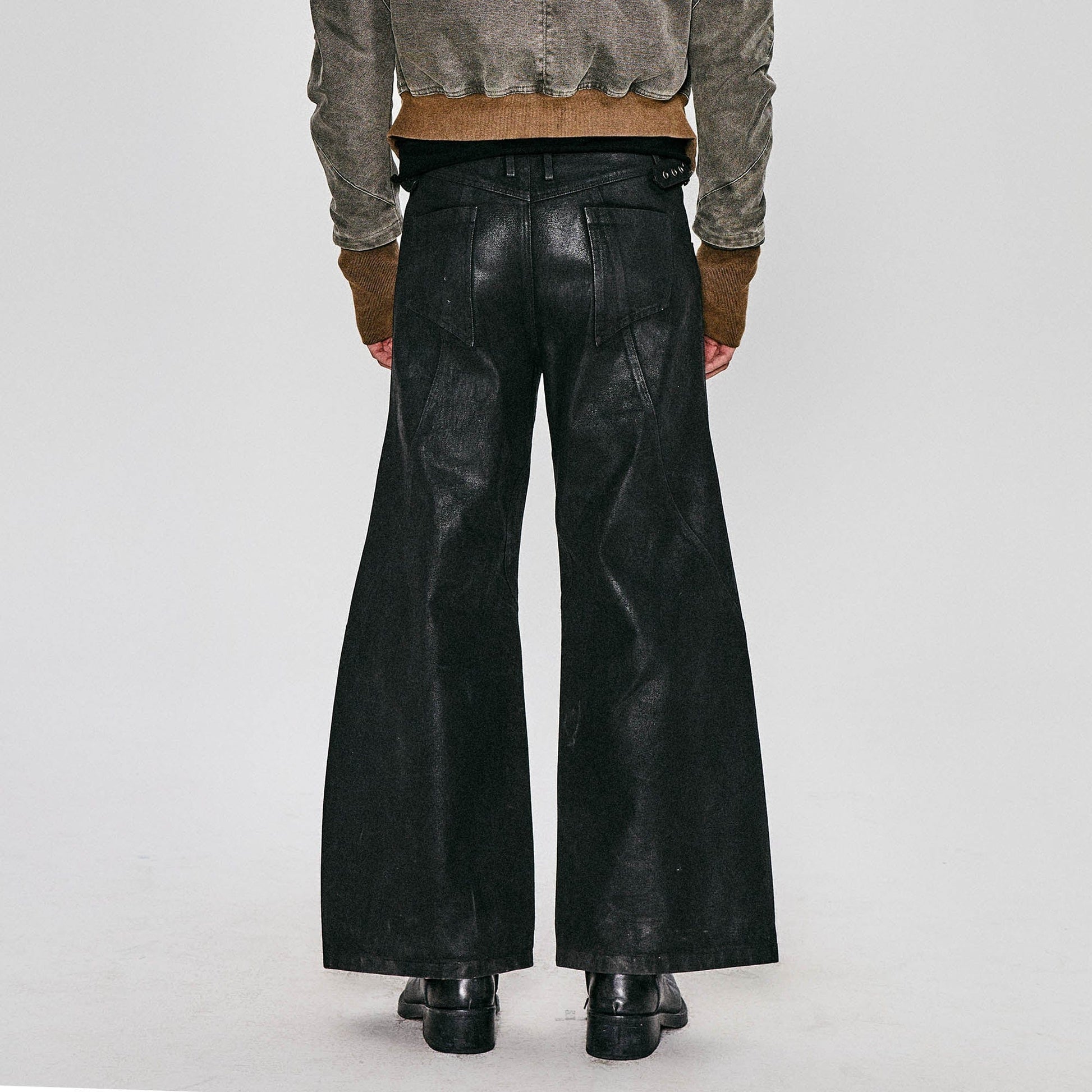 FLYERRER Waxed Deconstructed-Knee Zip-Hem Flared Pants-Pants-S-Free Shipping Leatheretro