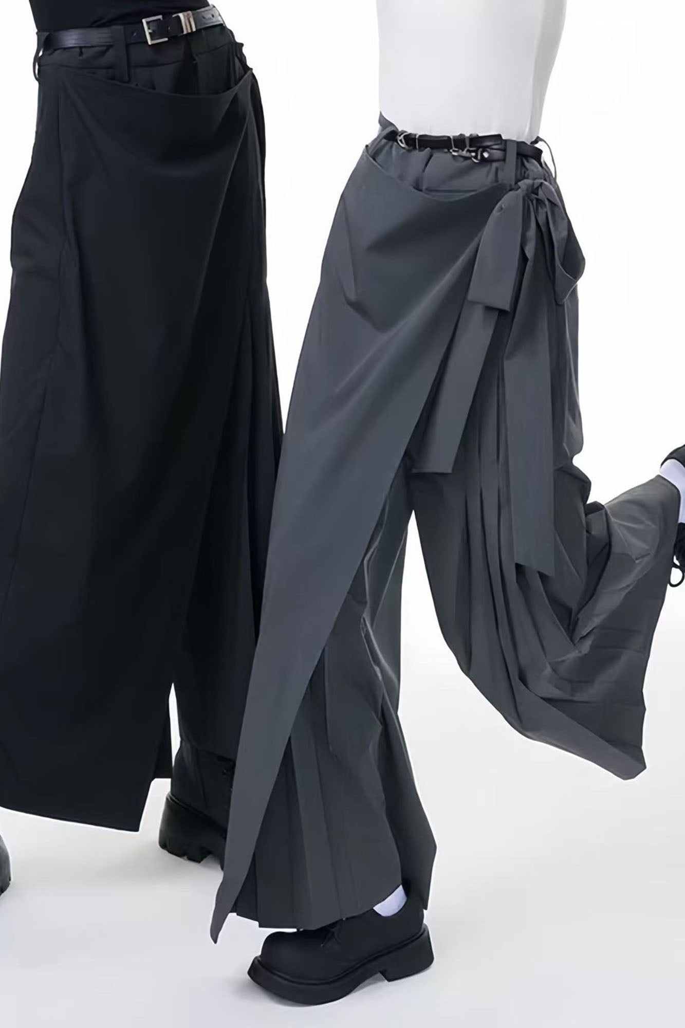 TUIMU Asymmetrical Wrap Pleated Wide-Leg Trousers-Pants-S-Black-Free Shipping Leatheretro