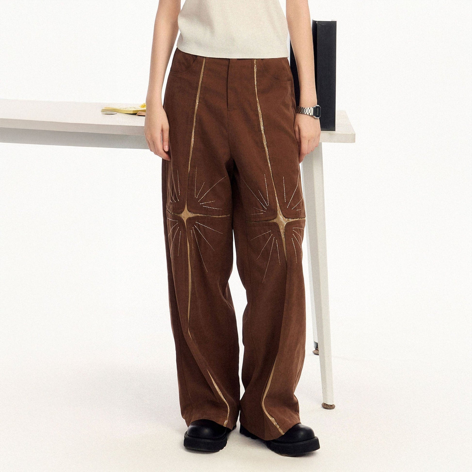 OIPWORD Middle Radiant Star Panel Wide-Leg Pants-Pants-S-Brown-Free Shipping Leatheretro
