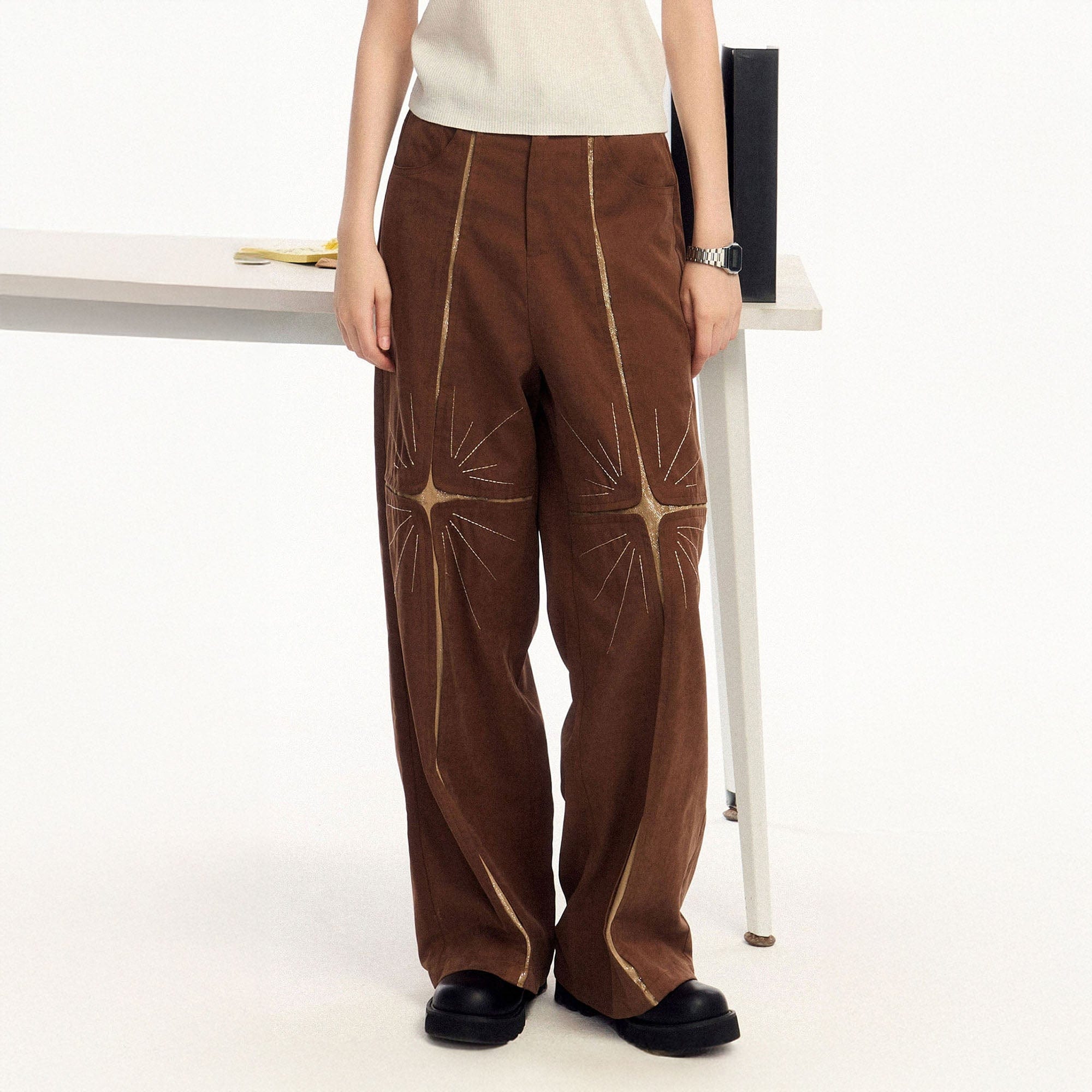 OIPWORD Middle Radiant Star Panel Wide-Leg Pants-Pants-S-Brown-Free Shipping Leatheretro