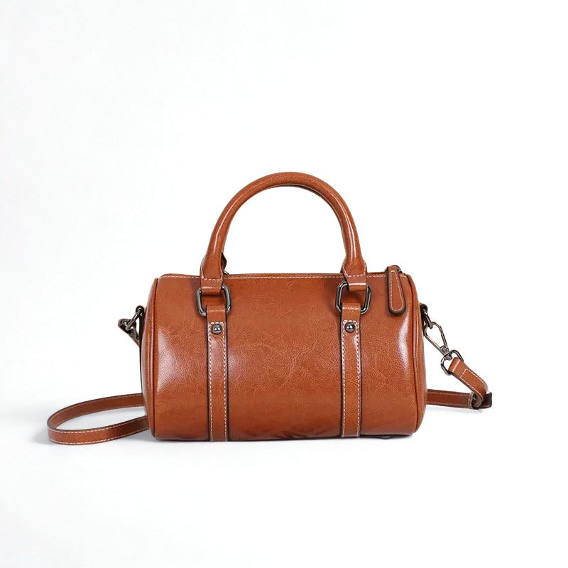 Cortex Lady Casual Zip Crossbody Bag - Top Grain Leather Cylinder Bag-Crossbody Bag-Black-Free Shipping Leatheretro