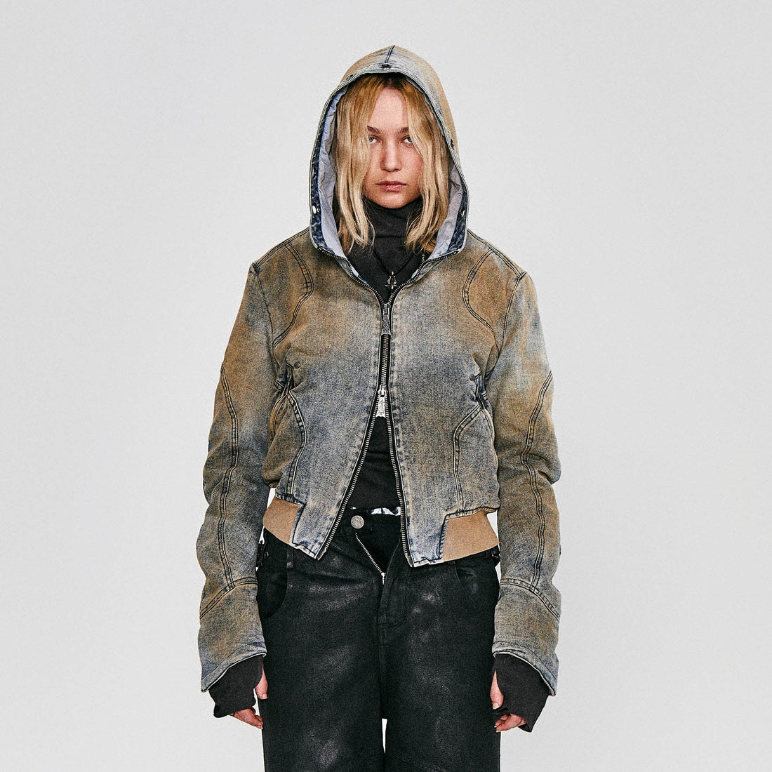 FLYERRER Distressed Spliced Studded Hooded Short Denim Jacket-Jacket-S-Free Shipping Leatheretro