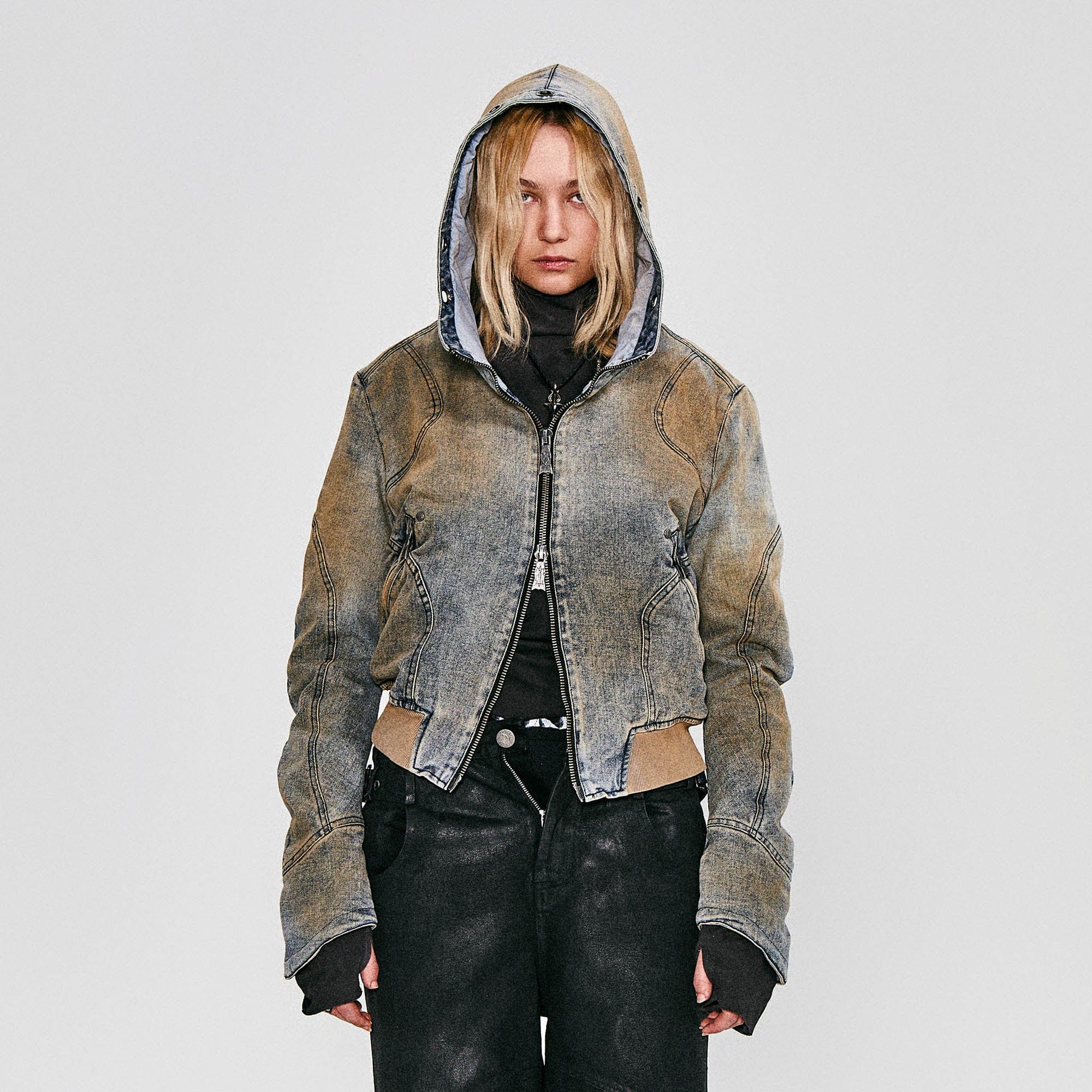 FLYERRER Distressed Spliced Studded Hooded Short Denim Jacket-Jacket-S-Free Shipping Leatheretro