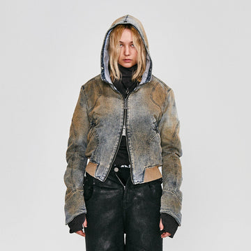 FLYERRER Distressed Spliced Studded Hooded Short Denim Jacket-Jacket-S-Free Shipping Leatheretro