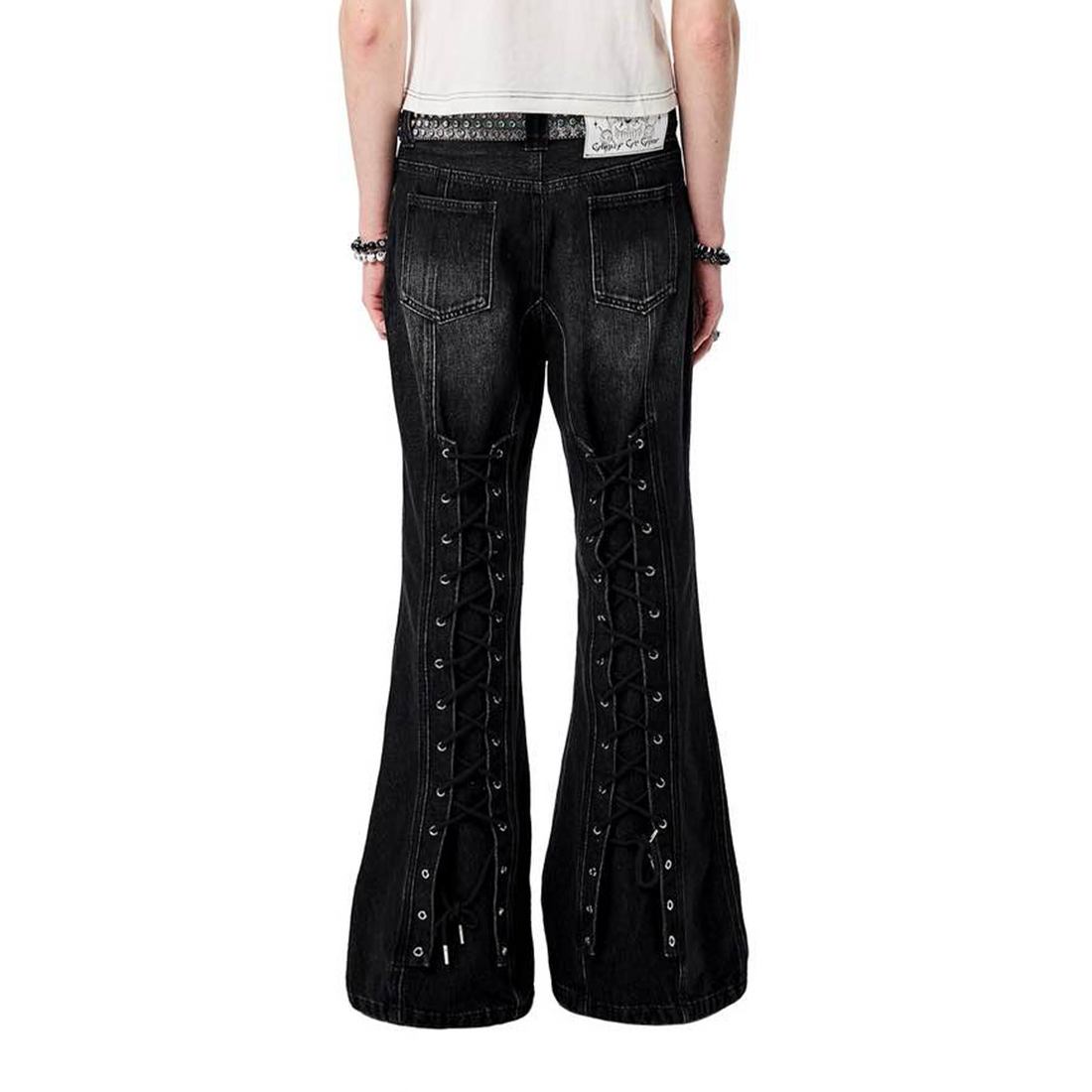 ERISSTOFF Washed Lace-Up Flared Jeans-Jeans-XS / 28"-Free Shipping Leatheretro