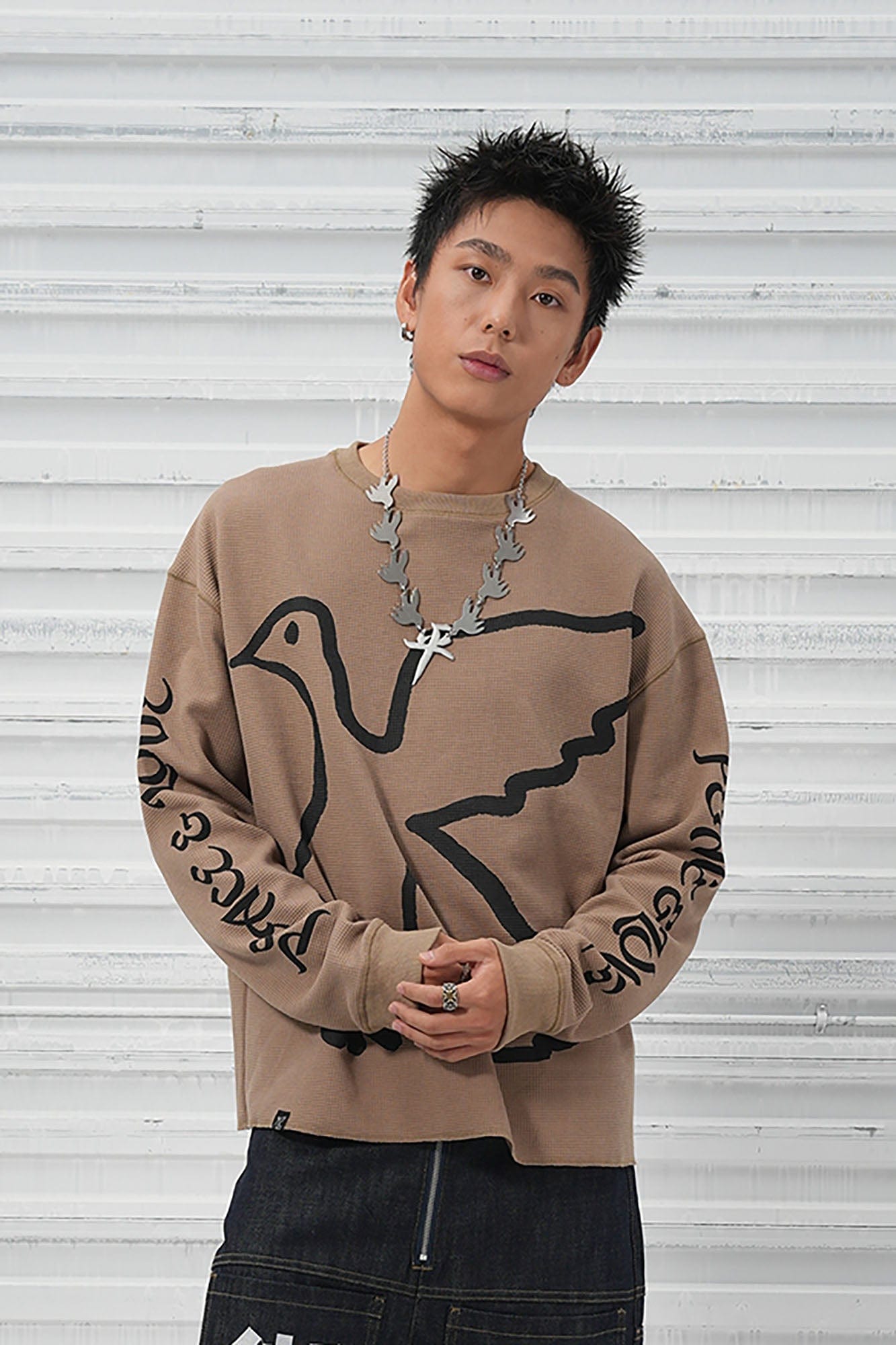 VINKID Pigeon Graphic Waffle Sweatshirt-T Shirt-S-Brown-Free Shipping Leatheretro