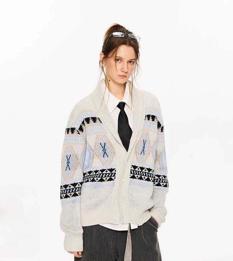 KREATE Shawl Collar Jacquard Knit Cardigan-Black Gray-S-Free Shipping Leatheretro