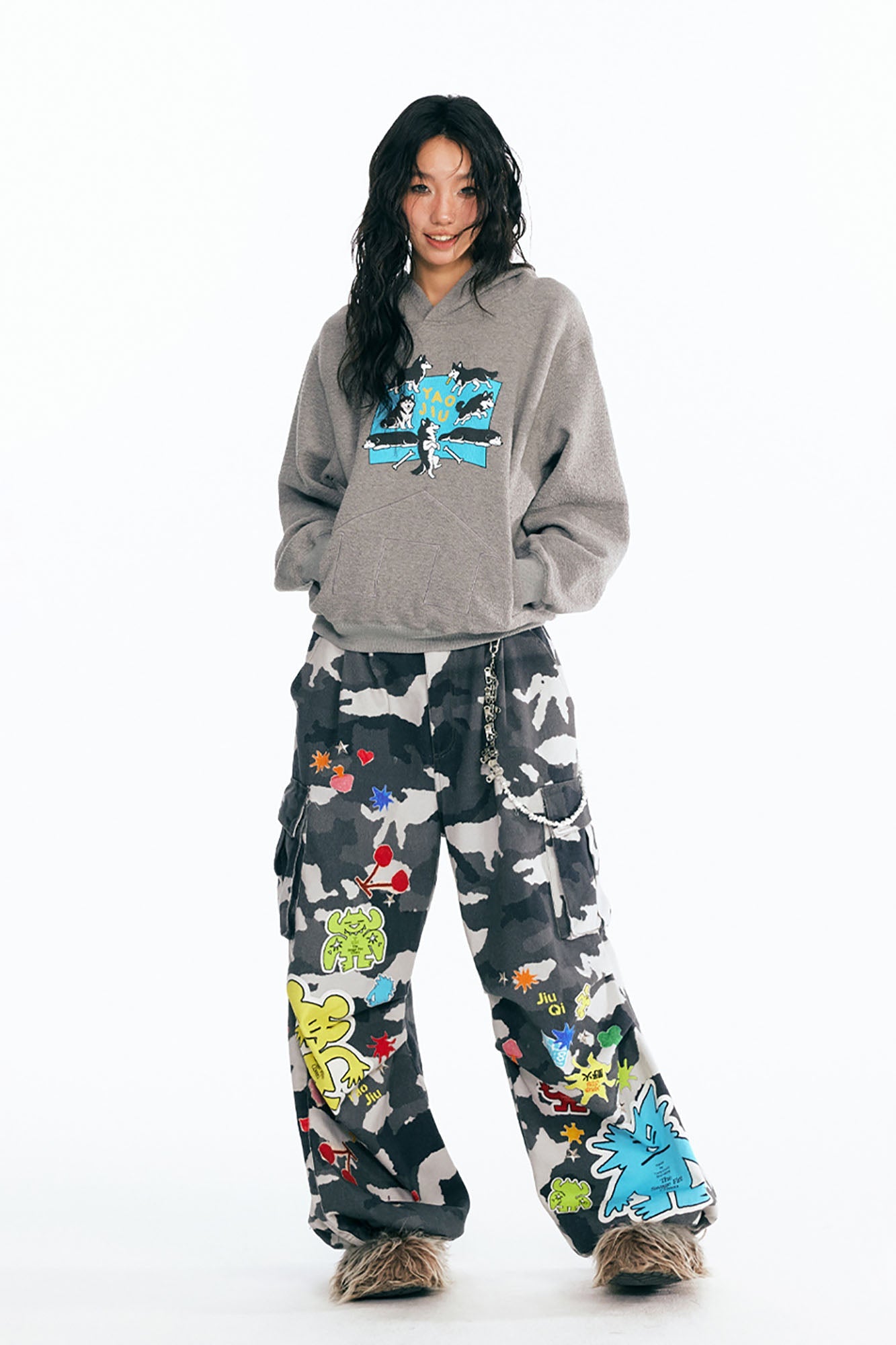 1997 POSTOFFICE Puppy Paradise Graphic Oversized Hoodie-Hoodie-S-Beige-Free Shipping Leatheretro