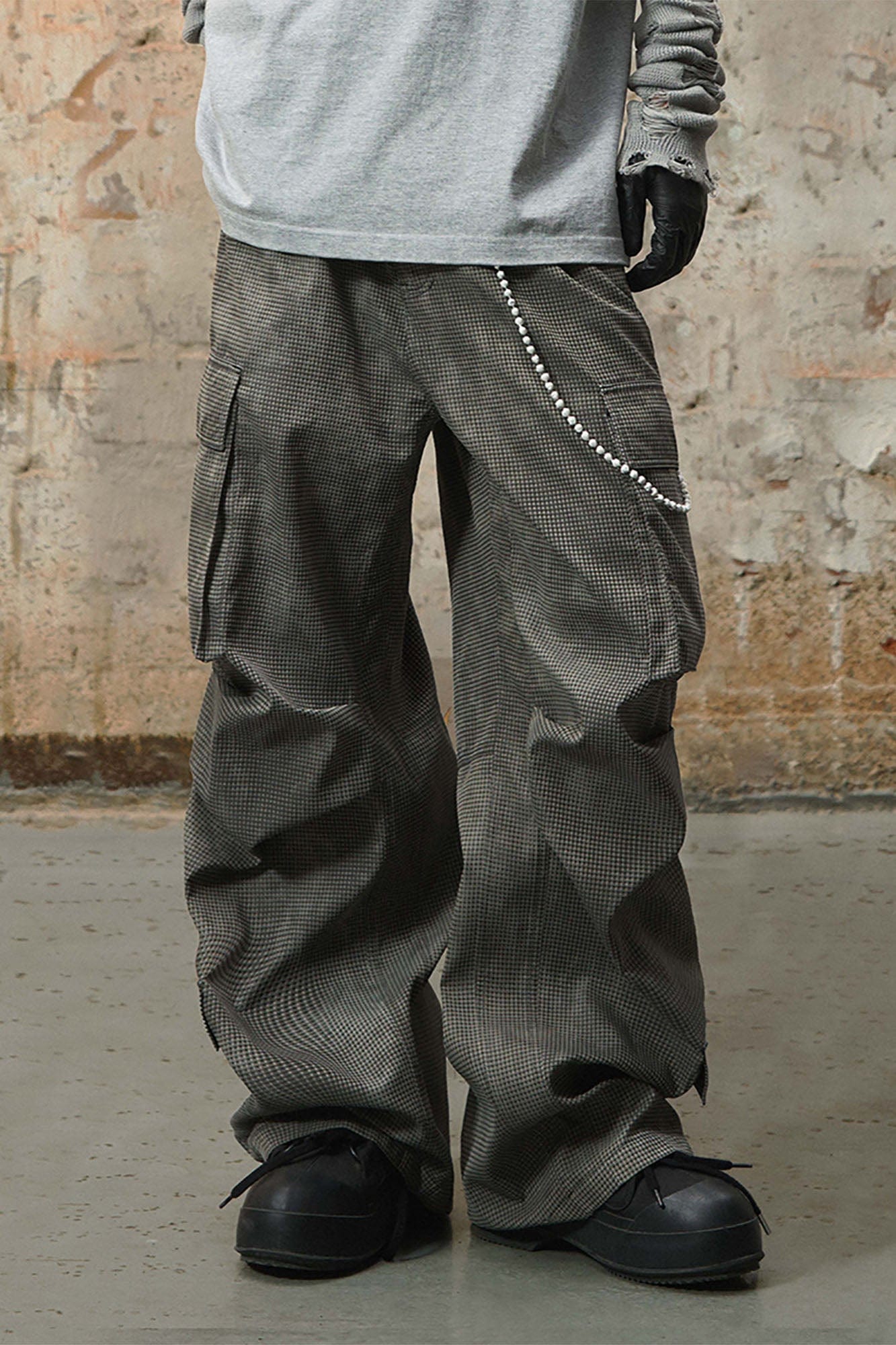 RELABEL Mini Checker Multi-Pocket Strap Pleated Cargo Pants Dark Gray-Pants-XS-Free Shipping Leatheretro