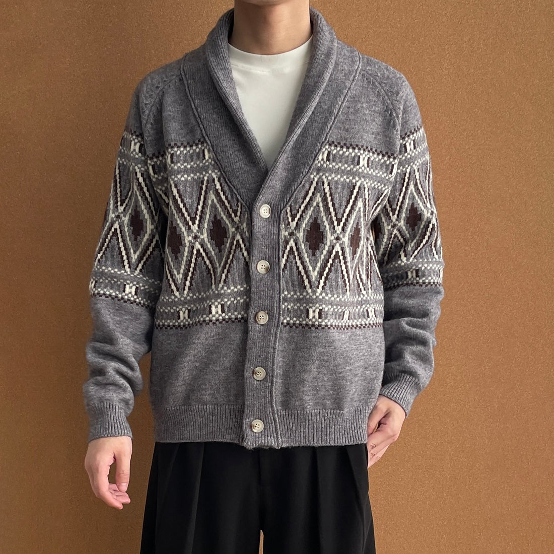 OKAYTHXBYE Fair Isle Shawl Collar Cardigan-Jacket-S (Preorder)-Beige-Free Shipping Leatheretro