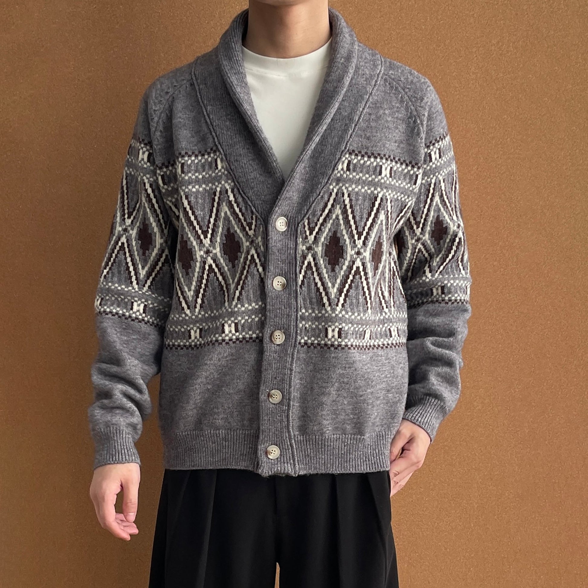 OKAYTHXBYE Fair Isle Shawl Collar Cardigan-Jacket-S (Preorder)-Beige-Free Shipping Leatheretro