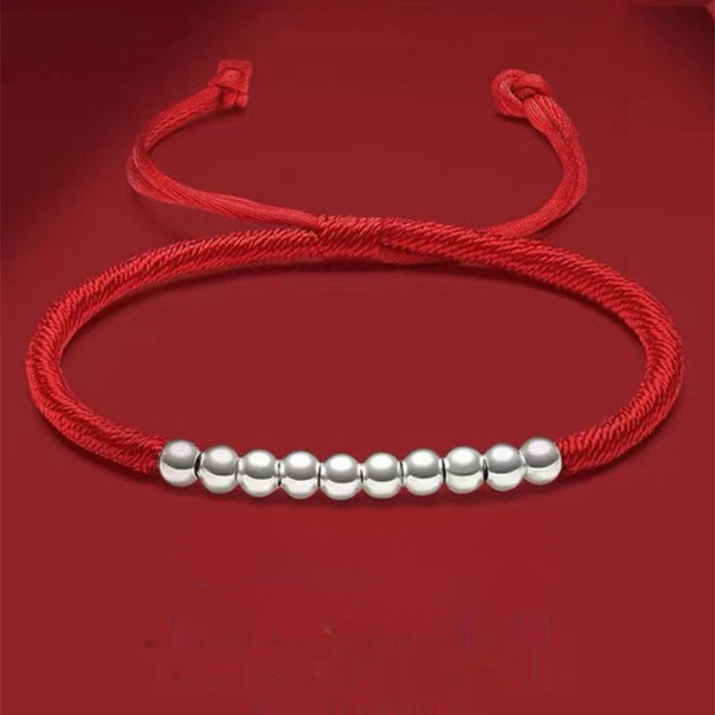 Sterling Silver 990 Bead Bracelet Red Rope Men's and Women's Handwoven Bracelets 2pcs/Set-Bracelets-Perfect Bracelet-One for All-Free Shipping Leatheretro