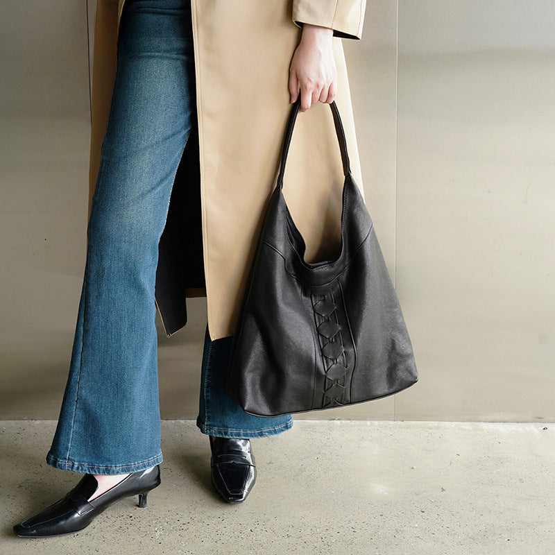 Luxury Genuine Vegetable-Tanned Leather Tote Bag-Black-Free Shipping Leatheretro