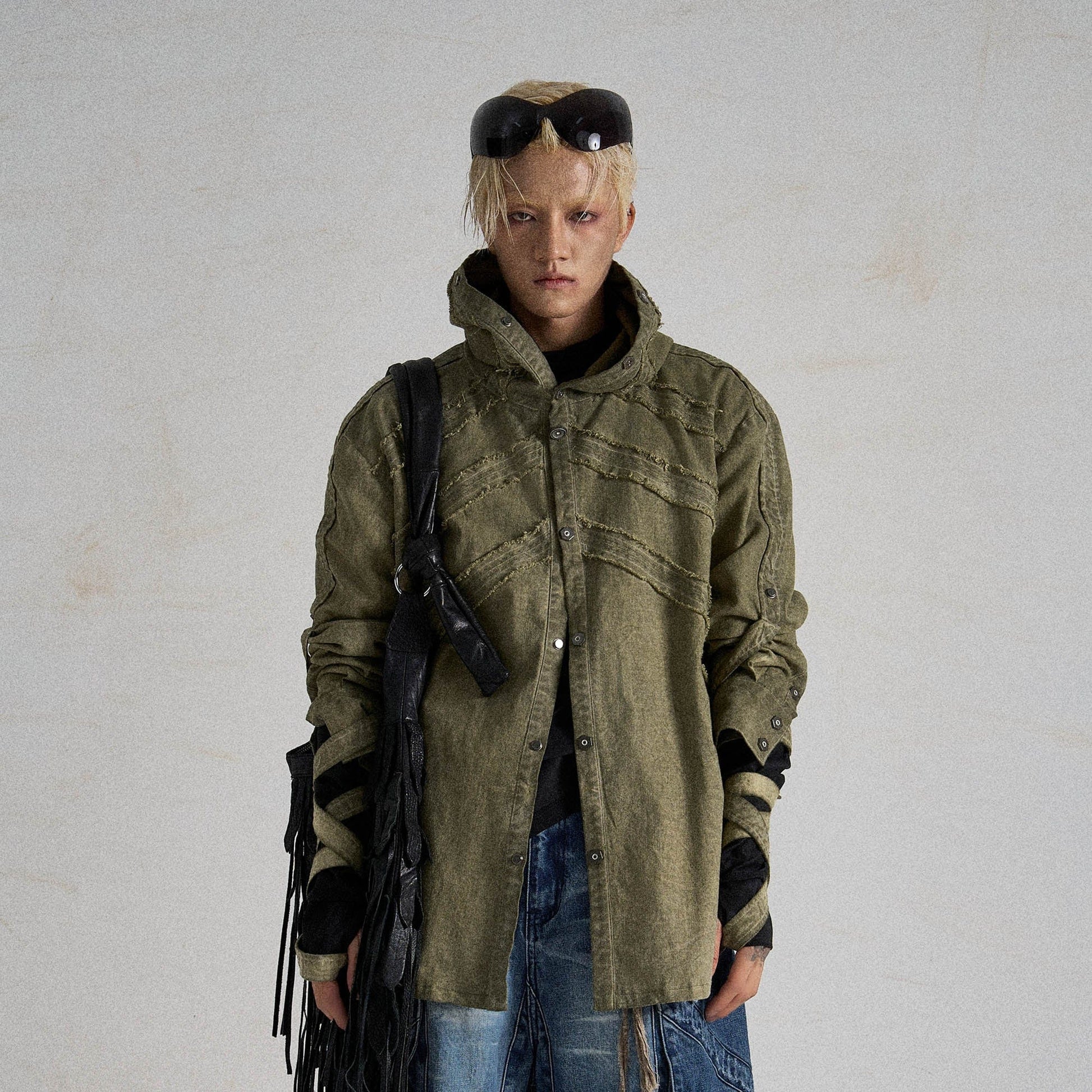 FLYERRER Frayed Fishbone Spliced Strap Hooded Jacket-Jacket-S-Free Shipping Leatheretro