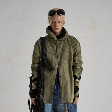 FLYERRER Frayed Fishbone Spliced Strap Hooded Jacket-Jacket-S-Free Shipping Leatheretro