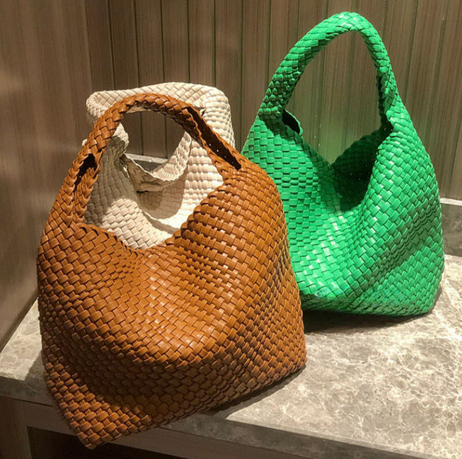 Handwoven Faux Leather Shoulder Tote Bag for Women-Black-Free Shipping Leatheretro