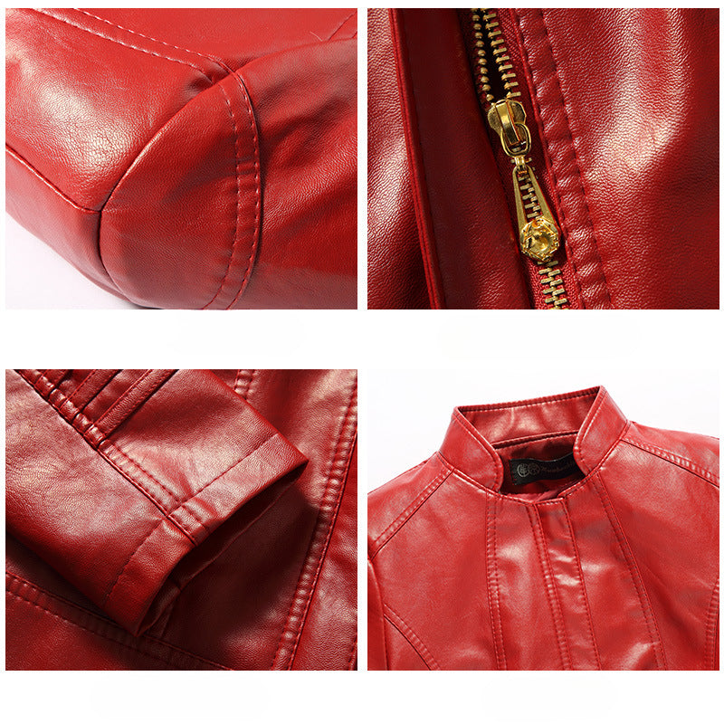 Women's Spring Casual Short-Length Plus Size PU Leather Jacket-Red-3XL 55-60kg-Free Shipping Leatheretro