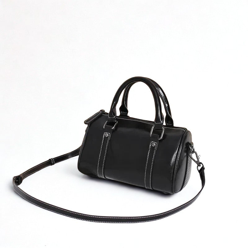 Cortex Lady Casual Zip Crossbody Bag - Top Grain Leather Cylinder Bag-Crossbody Bag-Black-Free Shipping Leatheretro