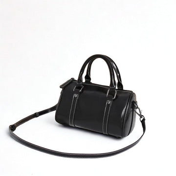 Cortex Lady Casual Zip Crossbody Bag - Top Grain Leather Cylinder Bag-Crossbody Bag-Black-Free Shipping Leatheretro