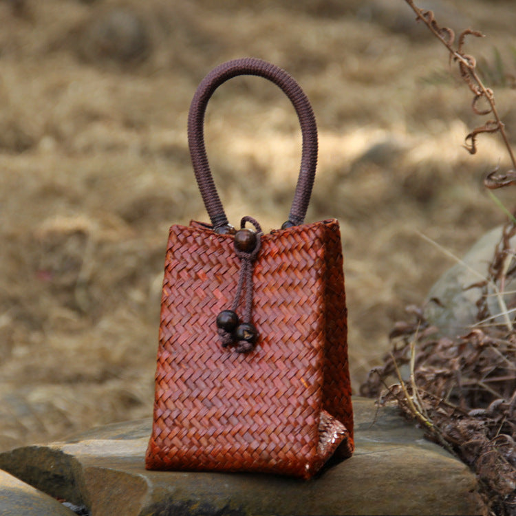 Handwoven Straw Tote Bag Mini Beach Bag for Vacation, Summer, and Resort Wear-Handbags-C011 coffee red-Free Shipping Leatheretro