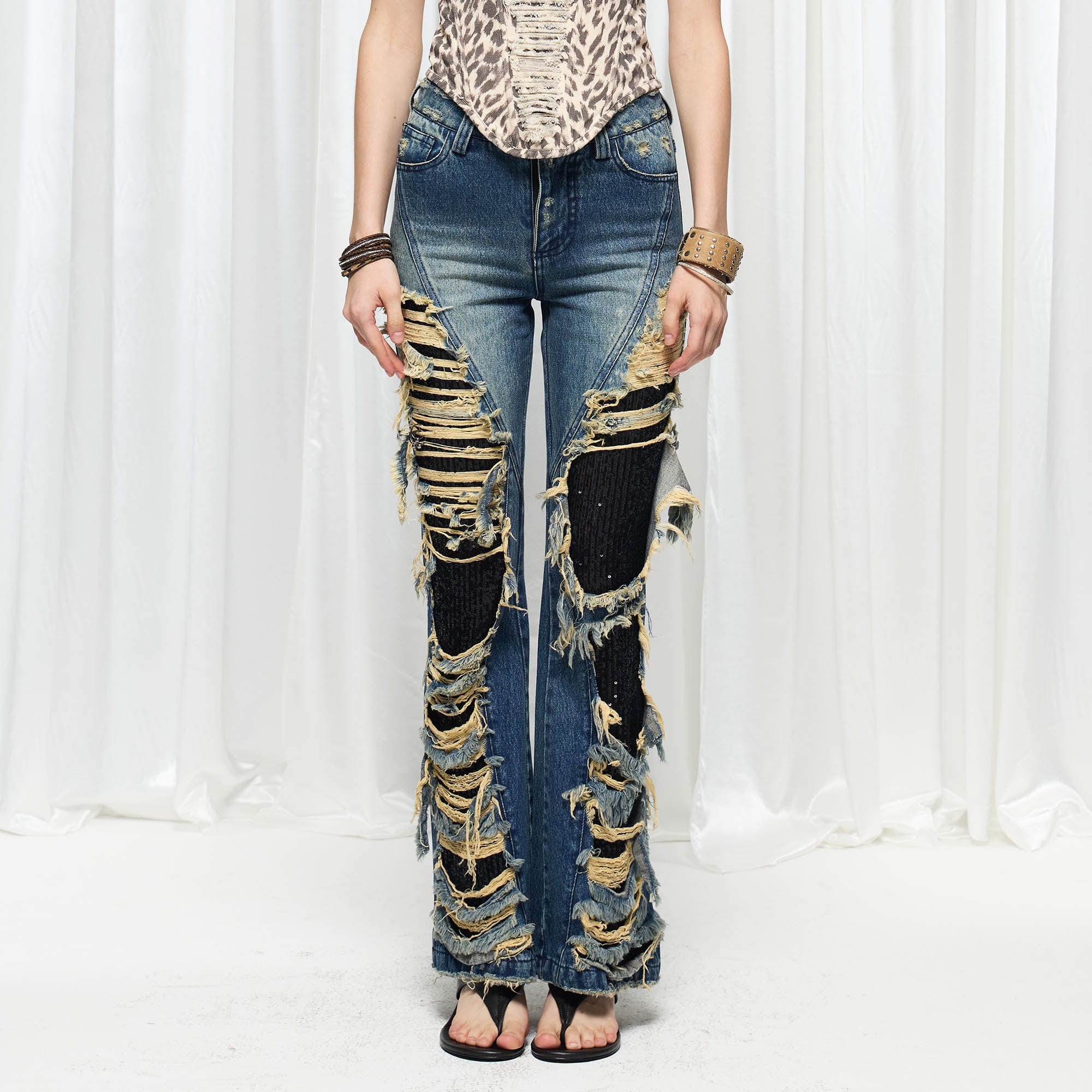 DND4DES¡ÁFaychui Grunge Heavy-Distressed Layered Flared Jeans-Jeans-S-Free Shipping Leatheretro