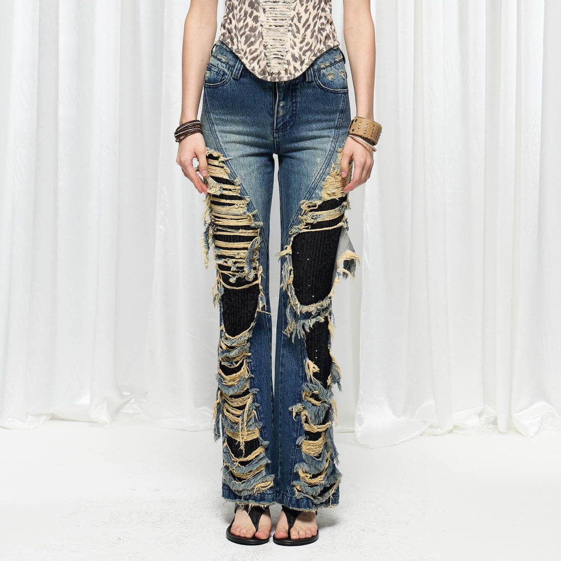 DND4DES¡ÁFaychui Grunge Heavy-Distressed Layered Flared Jeans-Jeans-S-Free Shipping Leatheretro